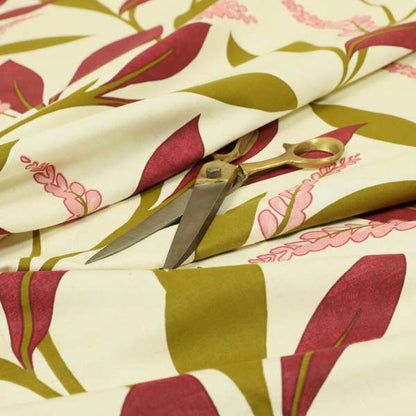 Belvedere Plant Printed Pattern Pink Plum Green Colour Cotton Satin Fabric Curtains Upholstery Fabric FF270515-09