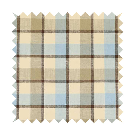 Falkirk Scottish Inspired Tartan Pattern In Chenille Material Upholstery Fabric Blue Brown Colour