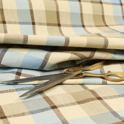 Falkirk Scottish Inspired Tartan Pattern In Chenille Material Upholstery Fabric Blue Brown Colour - Roman Blinds