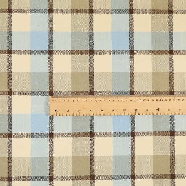 Falkirk Scottish Inspired Tartan Pattern In Chenille Material Upholstery Fabric Blue Brown Colour