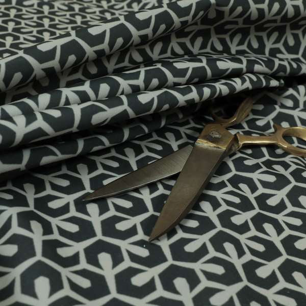 Foxe Small Scale Geometric Pattern Printed Velveteen Black Grey Colour Upholstery Curtains Fabric - Roman Blinds