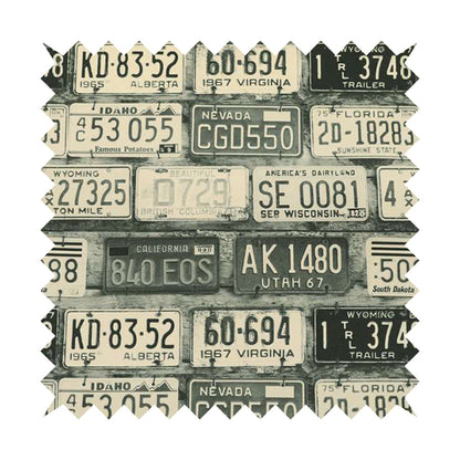 Freeway US Car License Number Plate Inspired Pattern Grey Black Colour Printed Chenille Upholstery Fabric - Roman Blinds