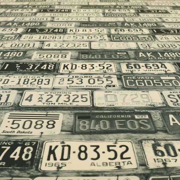Freeway US Car License Number Plate Inspired Pattern Grey Black Colour Printed Chenille Upholstery Fabric - Roman Blinds
