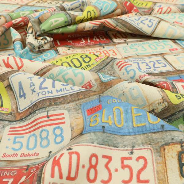 Freeway US Car License Number Plate Inspired Pattern Blue Colour Printed Chenille Upholstery Fabric - Handmade Cushions