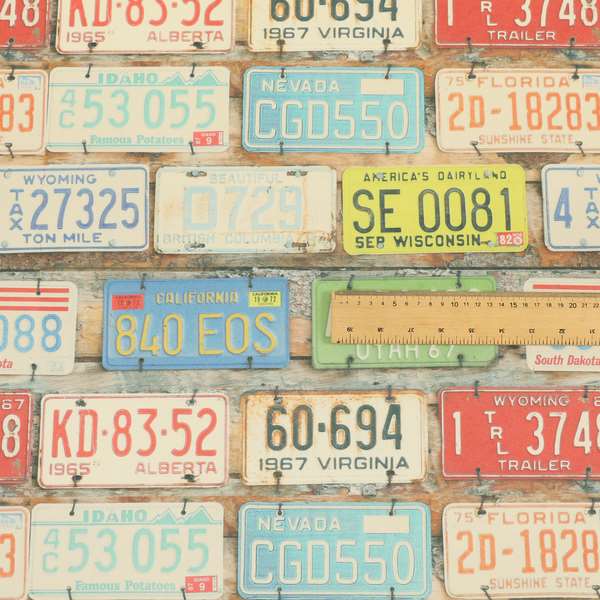 Freeway US Car License Number Plate Inspired Pattern Blue Colour Printed Chenille Upholstery Fabric - Roman Blinds