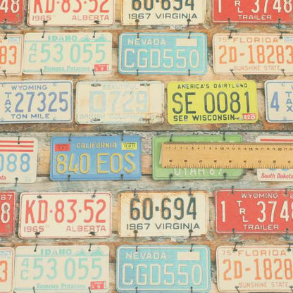 Freeway US Car License Number Plate Inspired Pattern Blue Colour Printed Chenille Upholstery Fabric