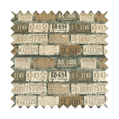 Freeway US Car License Number Plate Inspired Pattern Brown Colour Printed Chenille Upholstery Fabric - Roman Blinds