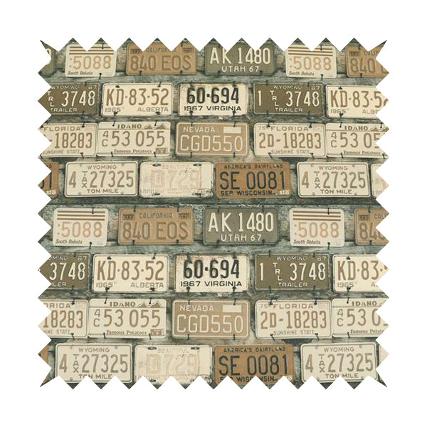 Freeway US Car License Number Plate Inspired Pattern Brown Colour Printed Chenille Upholstery Fabric - Made To Measure Curtains