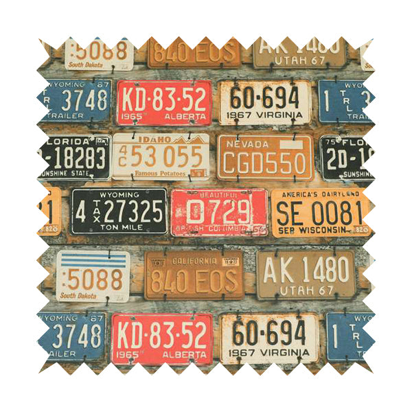 Freeway US Car License Number Plate Inspired Pattern Rust Colour Printed Chenille Upholstery Fabric - Roman Blinds
