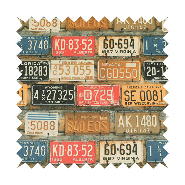 Freeway US Car License Number Plate Inspired Pattern Rust Colour Printed Chenille Upholstery Fabric - Made To Measure Curtains