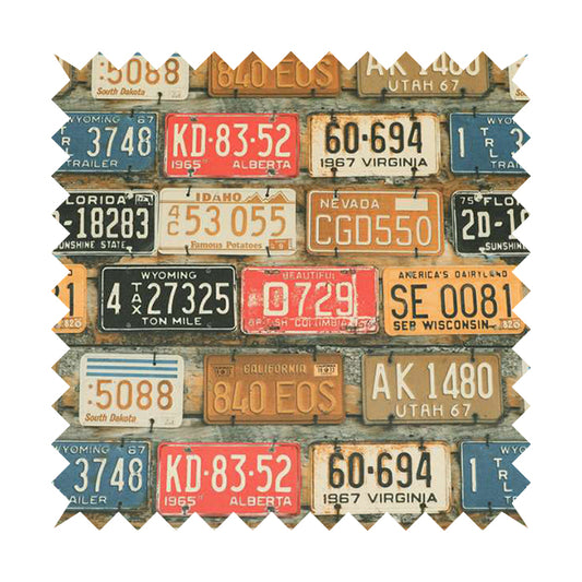 Freeway US Car License Number Plate Inspired Pattern Rust Colour Printed Chenille Upholstery Fabric