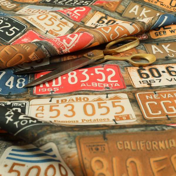 Freeway US Car License Number Plate Inspired Pattern Rust Colour Printed Chenille Upholstery Fabric - Roman Blinds