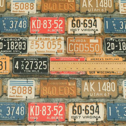 Freeway US Car License Number Plate Inspired Pattern Rust Colour Printed Chenille Upholstery Fabric - Made To Measure Curtains