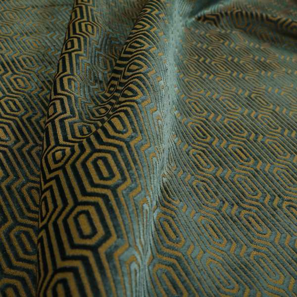 Hakkaido Geometric Pattern Velvet Fabric In Teal Brown Colour