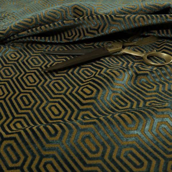 Hakkaido Geometric Pattern Velvet Fabric In Teal Brown Colour - Roman Blinds