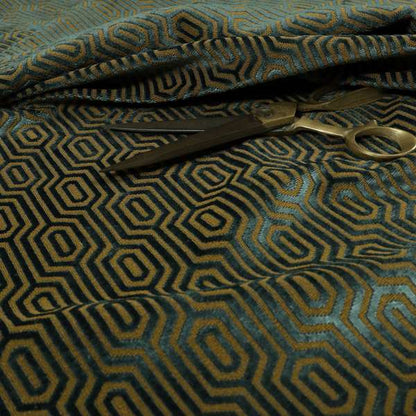 Hakkaido Geometric Pattern Velvet Fabric In Teal Brown Colour - Made To Measure Curtains