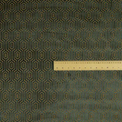 Hakkaido Geometric Pattern Velvet Fabric In Teal Brown Colour - Roman Blinds