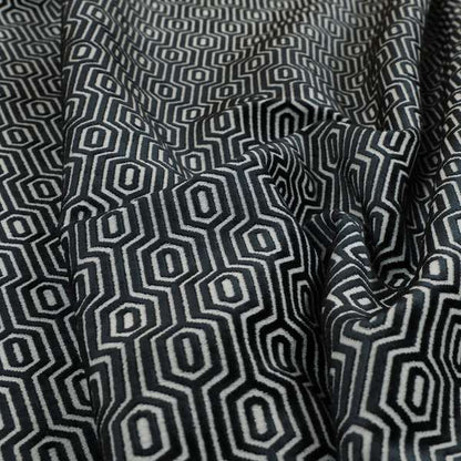 Hakkaido Geometric Pattern Velvet Fabric In Navy Blue Colour