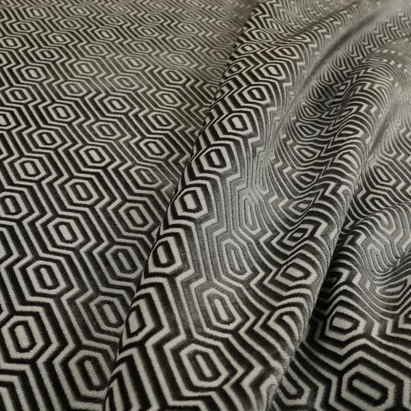 Hakkaido Geometric Pattern Velvet Fabric In Grey Colour - Made To Measure Curtains