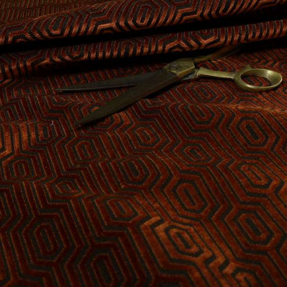 Hakkaido Geometric Pattern Velvet Fabric In Orange Brown Colour - Made To Measure Curtains