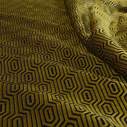 Hakkaido Geometric Pattern Velvet Fabric In Golden Yellow Blue Colour