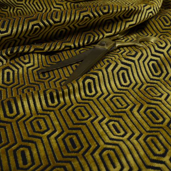 Hakkaido Geometric Pattern Velvet Fabric In Golden Yellow Blue Colour - Made To Measure Curtains