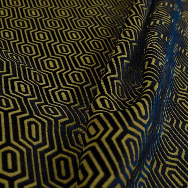 Hakkaido Geometric Pattern Velvet Fabric In Navy Blue Yellow Colour - Made To Measure Curtains