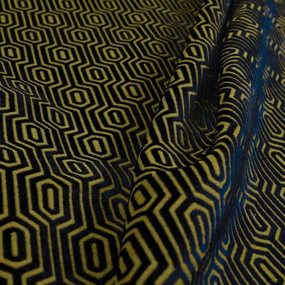 Hakkaido Geometric Pattern Velvet Fabric In Navy Blue Yellow Colour - Made To Measure Curtains