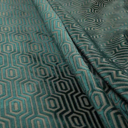 Hakkaido Geometric Pattern Velvet Fabric In Teal Grey Colour - Made To Measure Curtains