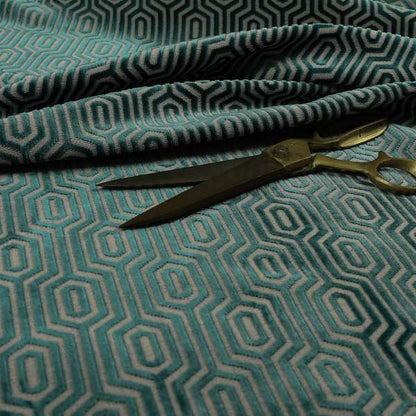 Hakkaido Geometric Pattern Velvet Fabric In Teal Grey Colour - Made To Measure Curtains