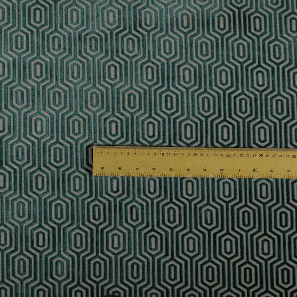 Hakkaido Geometric Pattern Velvet Fabric In Teal Grey Colour - Made To Measure Curtains