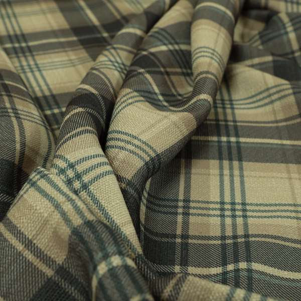 Houston Plaid Printed Pattern On Linen Effect Chenille Material Blue Coloured Upholstery Fabric - Roman Blinds