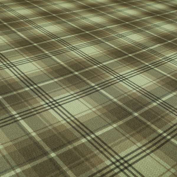 Houston Plaid Printed Pattern On Linen Effect Chenille Material Brown Coloured Upholstery Fabric