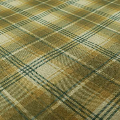 Houston Plaid Printed Pattern On Linen Effect Chenille Material Green Coloured Upholstery Fabric
