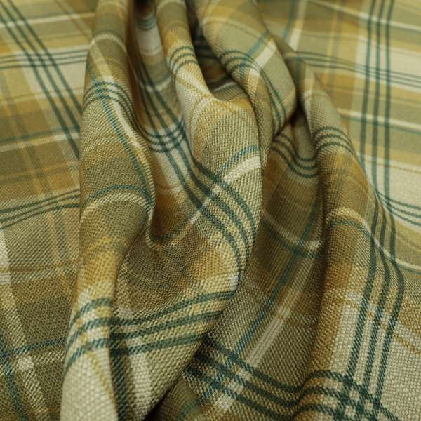Houston Plaid Printed Pattern On Linen Effect Chenille Material Green Coloured Upholstery Fabric - Roman Blinds