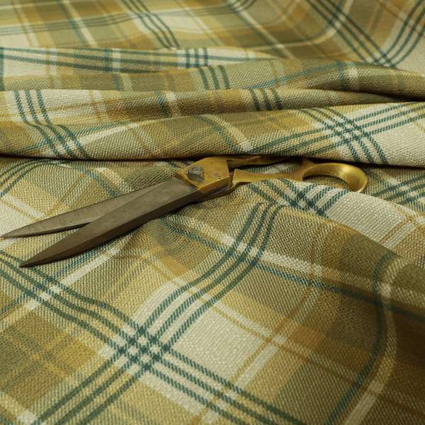 Houston Plaid Printed Pattern On Linen Effect Chenille Material Green Coloured Upholstery Fabric