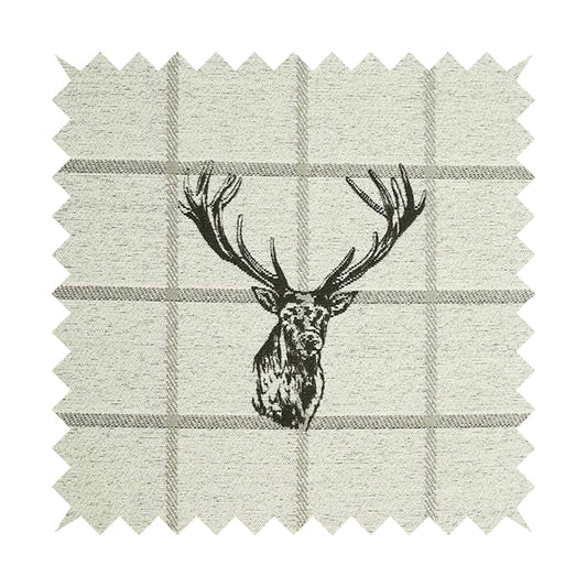 Stag Head On Checked Background Pattern Fabric Greyish Colour Chenille Upholstery Fabric JO-07