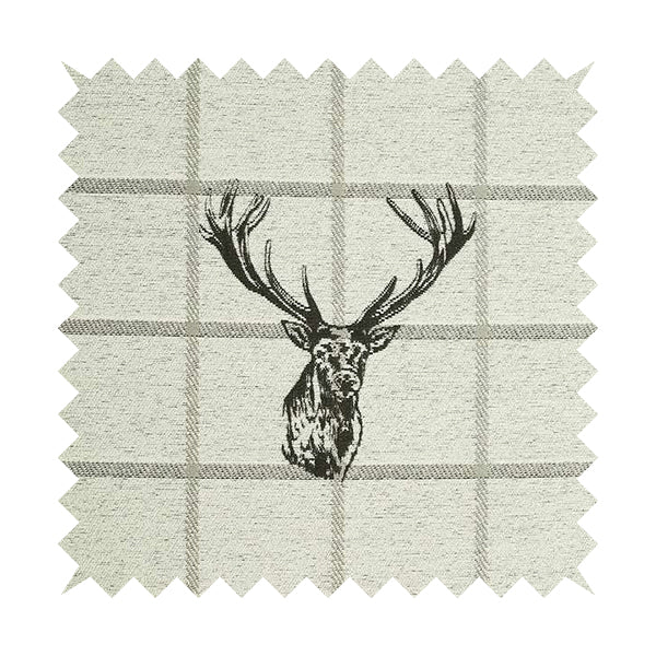 Stag Head On Checked Background Pattern Fabric Greyish Colour Chenille Upholstery Fabric JO-07 - Made To Measure Curtains