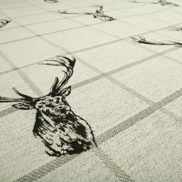 Stag Head On Checked Background Pattern Fabric Greyish Colour Chenille Upholstery Fabric JO-07 - Roman Blinds