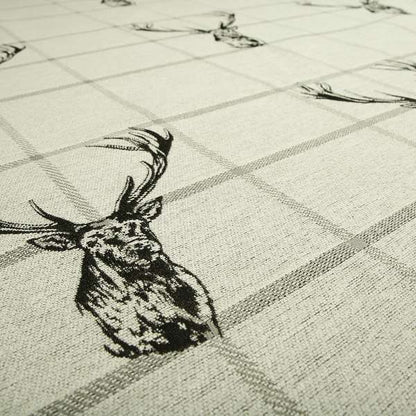 Stag Head On Checked Background Pattern Fabric Greyish Colour Chenille Upholstery Fabric JO-07 - Made To Measure Curtains