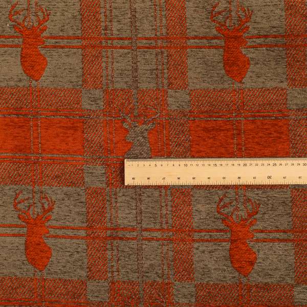 Highland Collection Luxury Soft Like Cotton Feel Stag Deer Head Animal Design On Checked Burgundy Brown Background Chenille Upholstery Fabric JO-100 - Roman Blinds