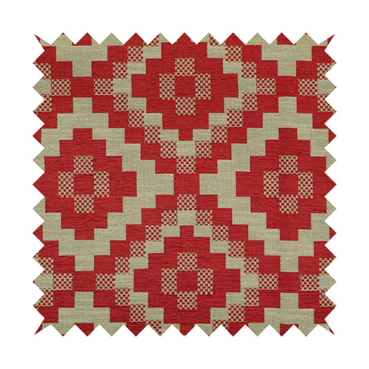 Red Cream Colour Cubed Tetris Pattern Furnishing Upholstery Fabric JO-1010