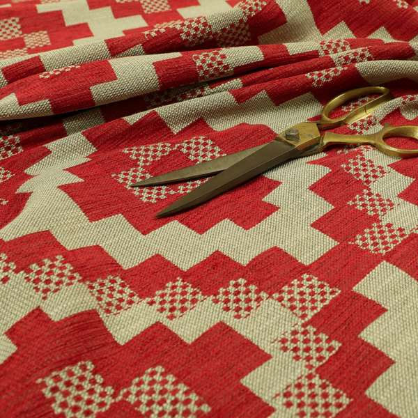 Red Cream Colour Cubed Tetris Pattern Furnishing Upholstery Fabric JO-1010 - Roman Blinds