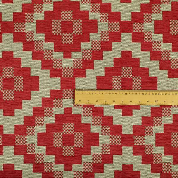 Red Cream Colour Cubed Tetris Pattern Furnishing Upholstery Fabric JO-1010 - Roman Blinds