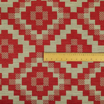 Red Cream Colour Cubed Tetris Pattern Furnishing Upholstery Fabric JO-1010 - Made To Measure Curtains