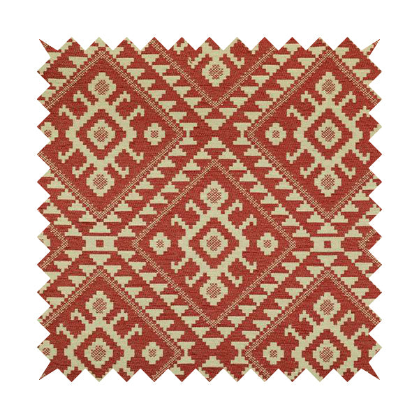 Red Cream Colour Kilim Tetris Pattern Furnishing Upholstery Fabric JO-1011 - Roman Blinds