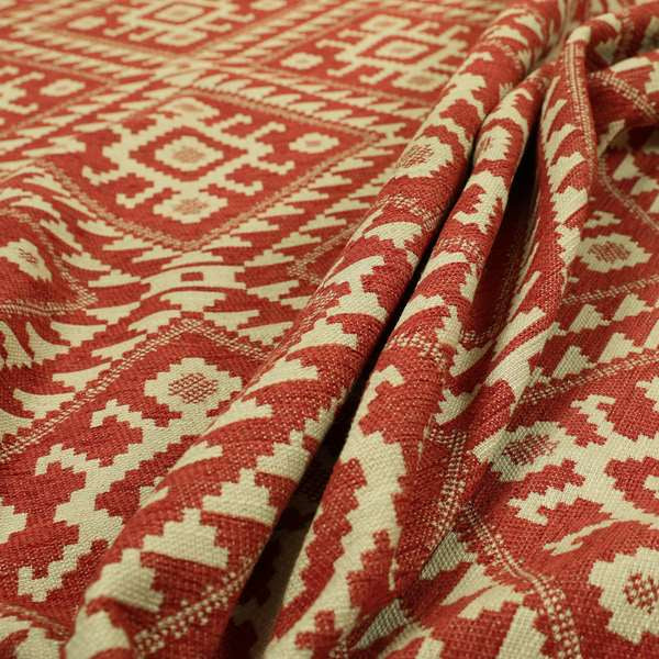 Red Cream Colour Kilim Tetris Pattern Furnishing Upholstery Fabric JO-1011