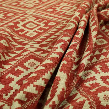 Red Cream Colour Kilim Tetris Pattern Furnishing Upholstery Fabric JO-1011 - Made To Measure Curtains