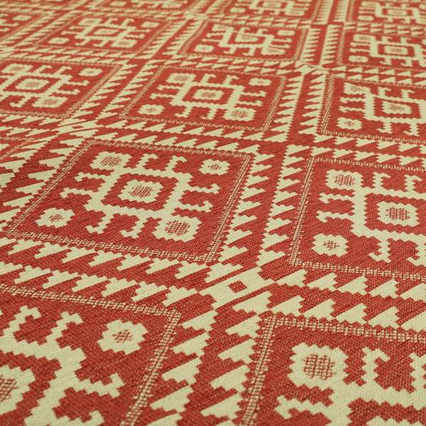 Red Cream Colour Kilim Tetris Pattern Furnishing Upholstery Fabric JO-1011 - Made To Measure Curtains