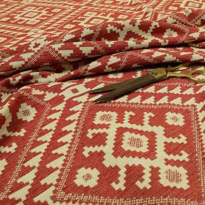 Red Cream Colour Kilim Tetris Pattern Furnishing Upholstery Fabric JO-1011 - Made To Measure Curtains